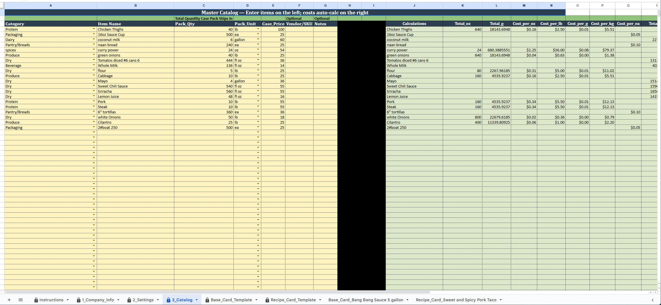 Menu Engine catalog sheet with vendor items and unit costs