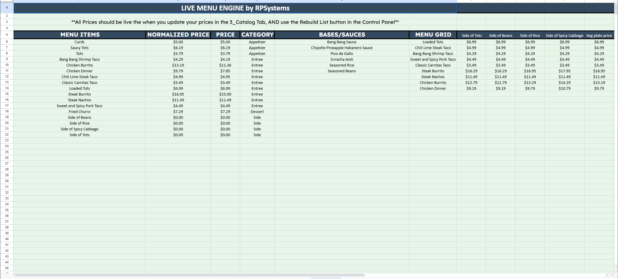Menu Engine live menu output showing all items with current pricing