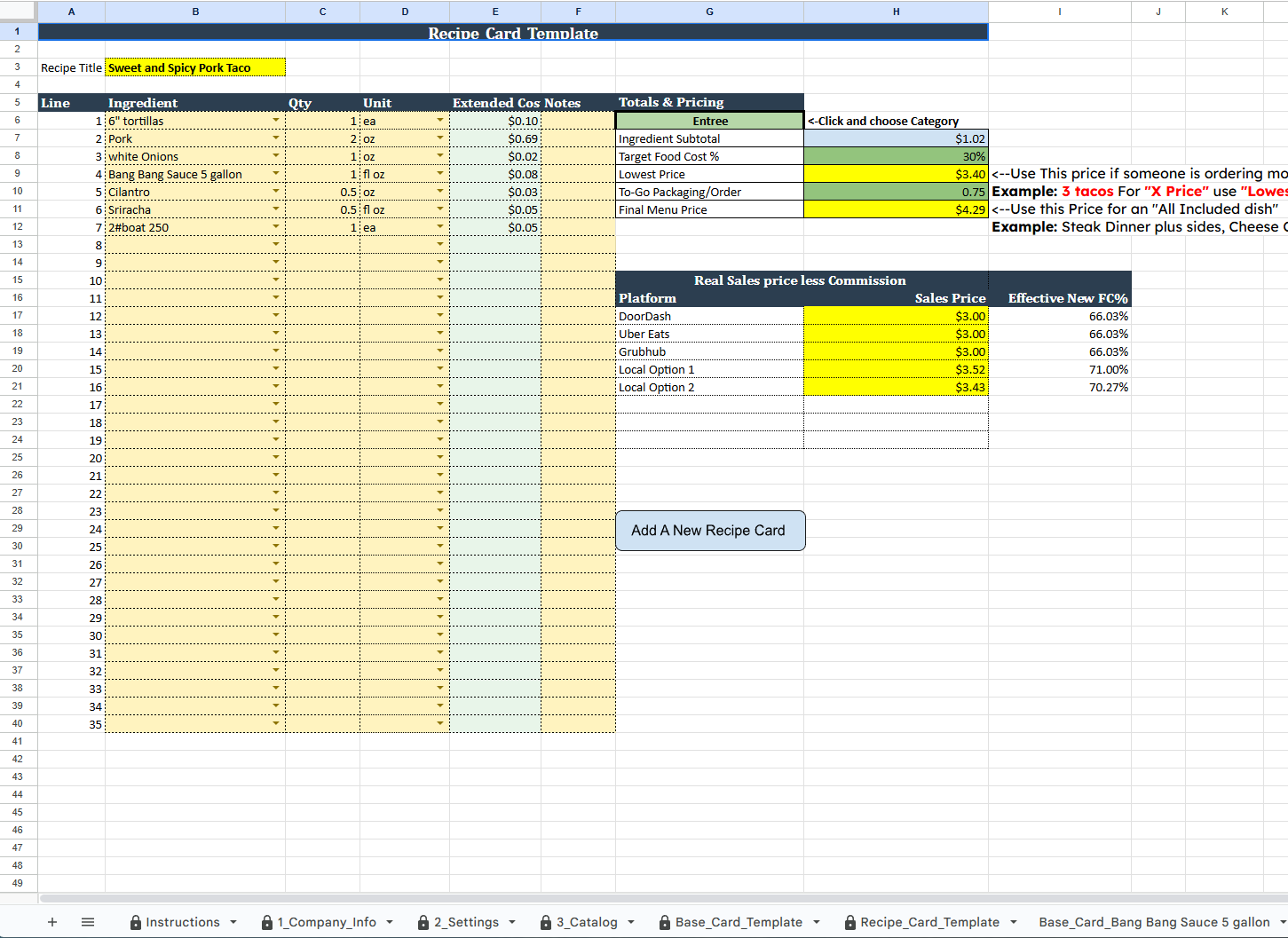 Menu Engine recipe card showing cost per dish and menu price
