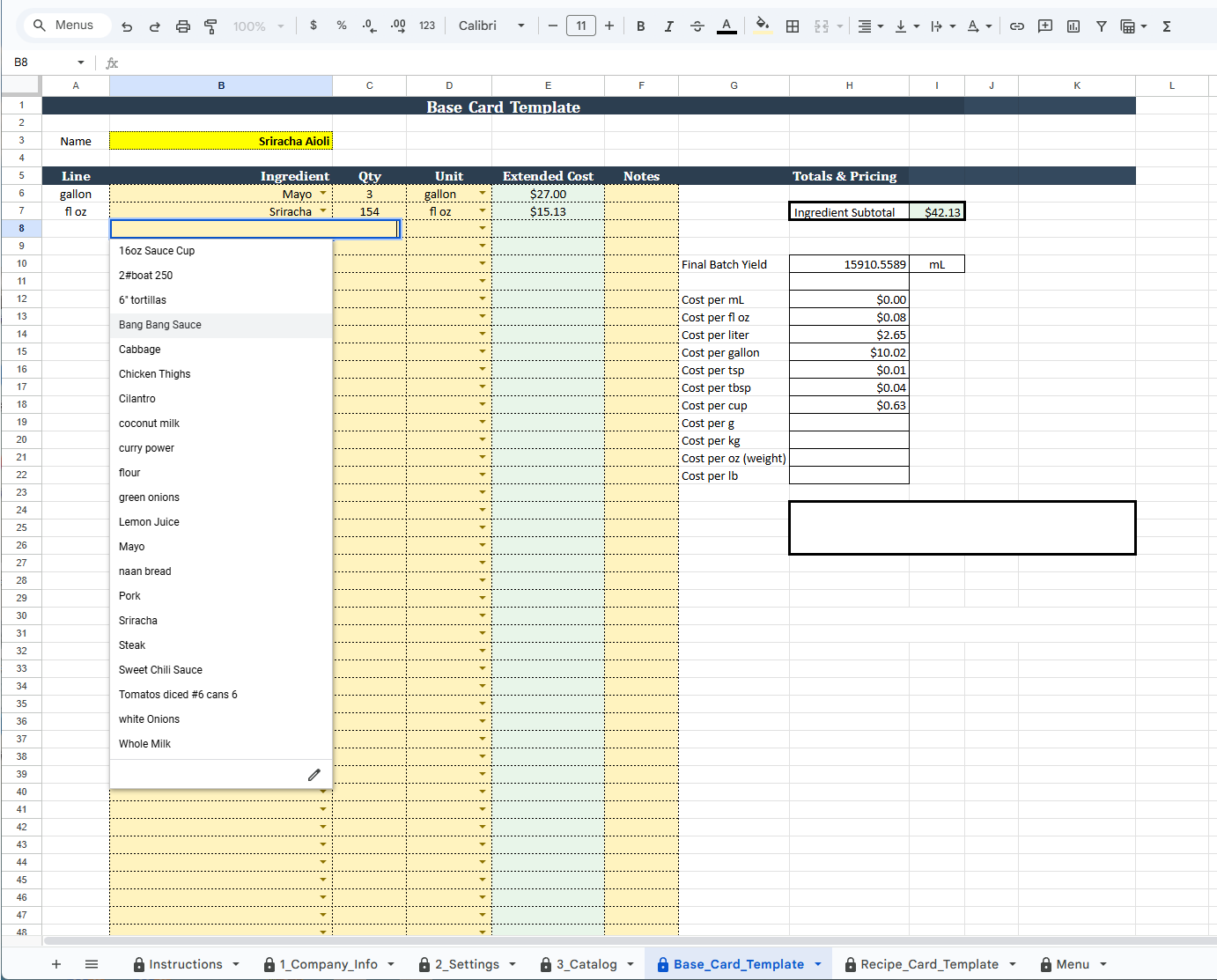Menu Engine sauce card showing ingredient breakdown