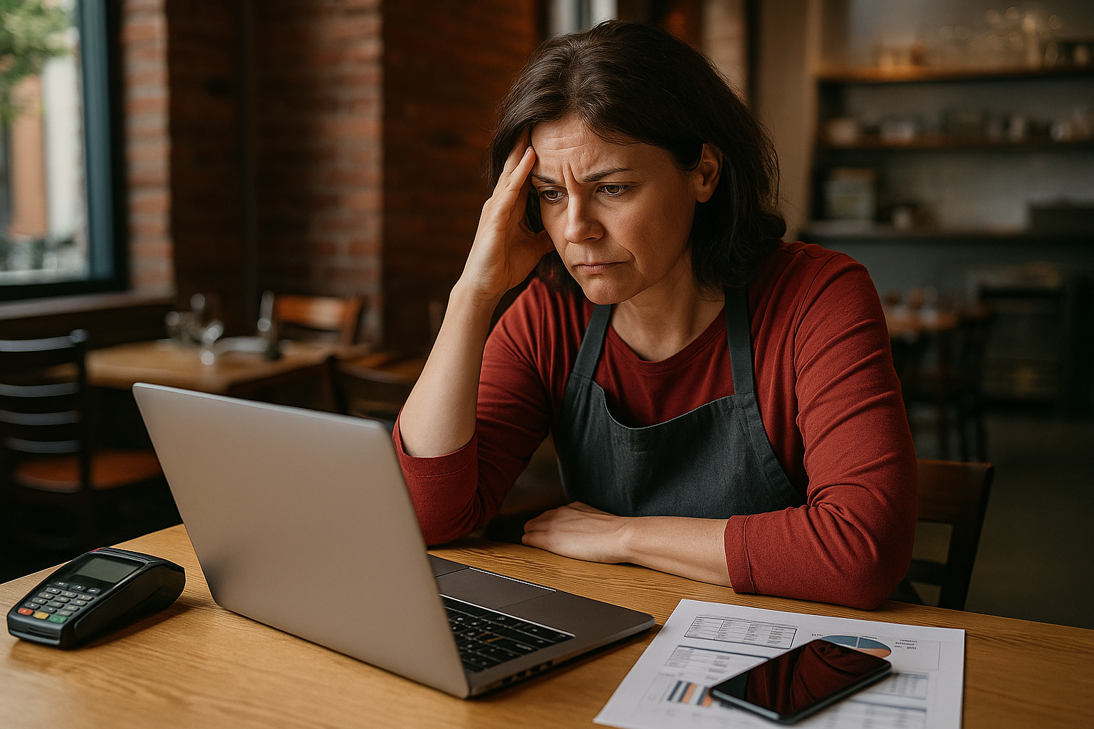 Distressed restaurant owner at a laptop reviewing restaurant profit tools