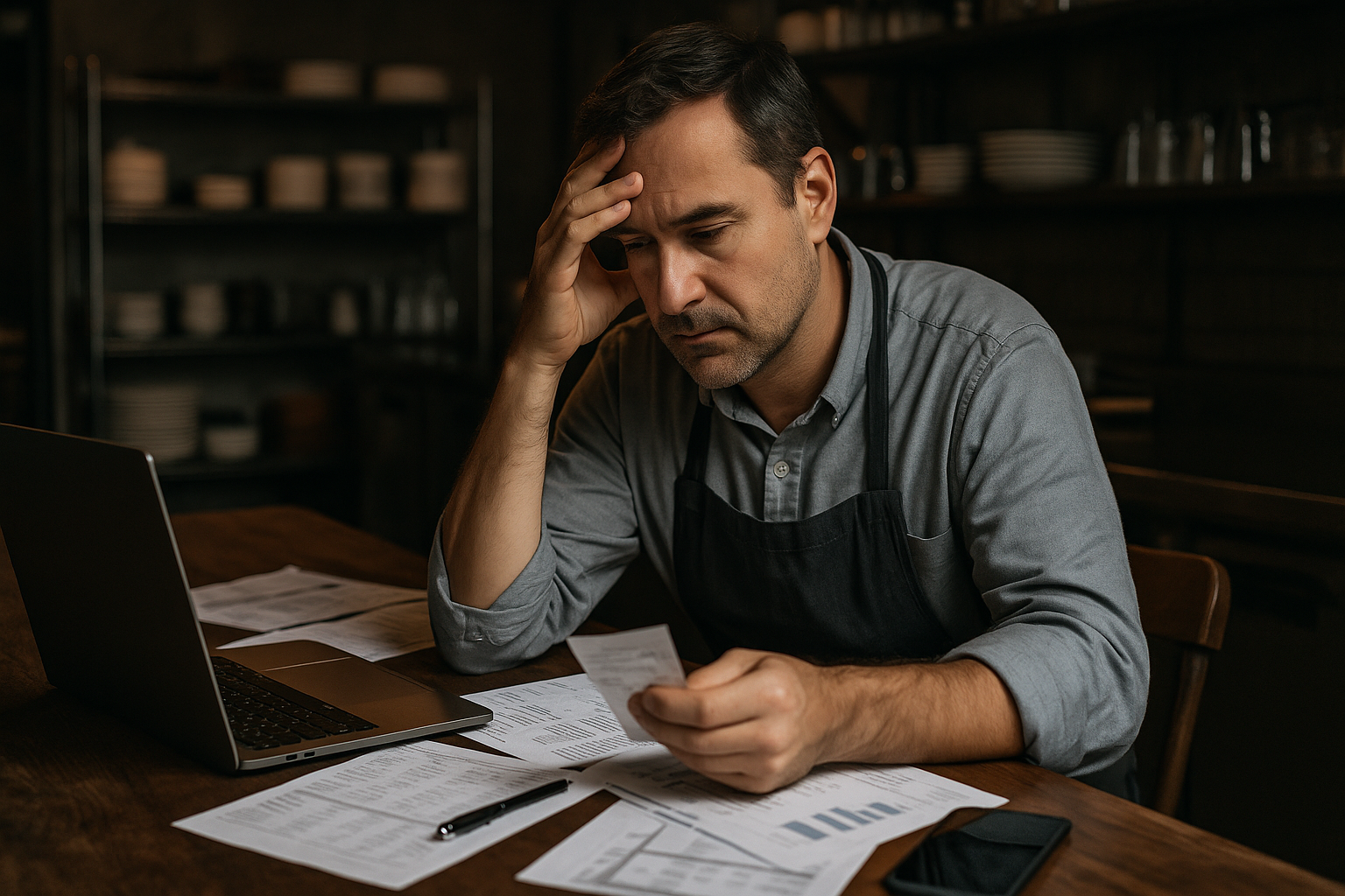 Restaurant owner looking over bills and a laptop in a busy restaurant