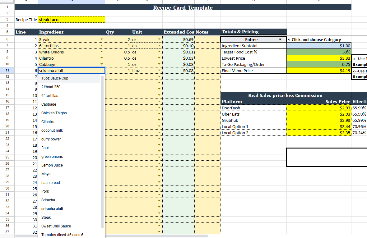 Close-up of Live Menu Engine recipe cost card spreadsheet