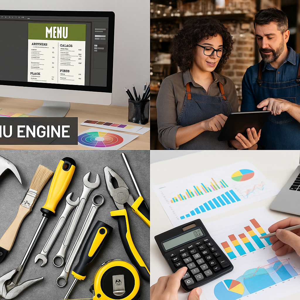 Collection of restaurant profit tools, spreadsheets, and clipboards